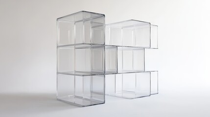A striking, modular cube storage bookshelf, crafted from transparent acrylic, stands isolated against a pristine white backdrop, its minimalist design emphasizing its sleek functionality.