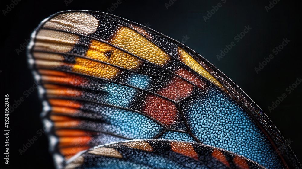 Poster macro photograph of butterfly wing showcasing intricate patterns and vibrant colors. detailed textur