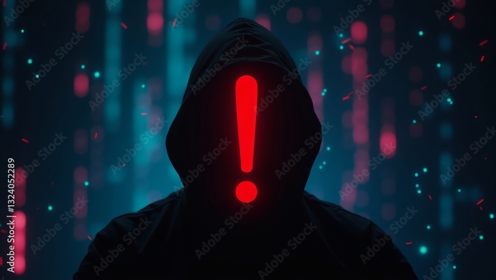 Poster a mysterious figure in a hoodie with a red exclamation point. The image evokes a sense of alarm, warning, and cybersecurity concerns