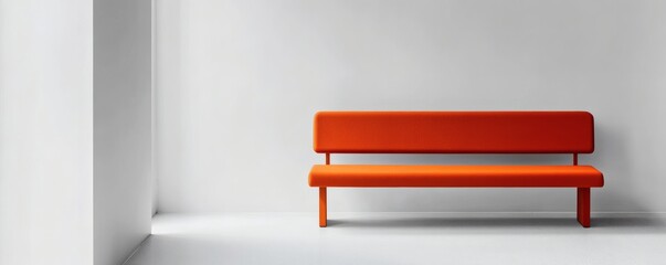 A modern orange bench sits centered against a plain white wall