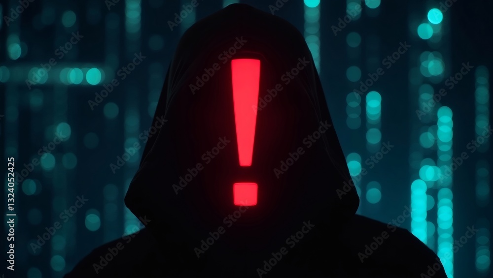 Poster a person in a hood with a red exclamation mark that is floating in front of them, representing a threat in cyber security
