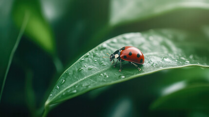 macro shot of ladybug resting on vibrant green leaf, showcasing nature beauty and detail