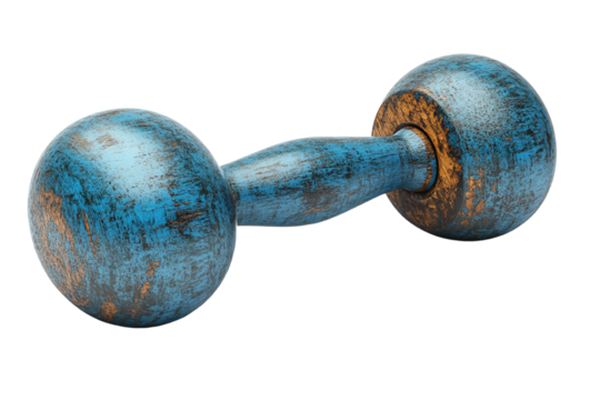 A worn-out blue dumbbell with a rustic charm resting on a white isolate background, perfect for representing fitness and weight training themes.