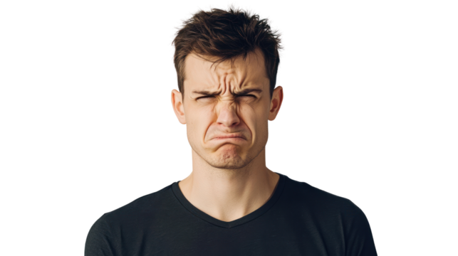 A young man expresses sadness and frustration, showcasing a frown on his face and disheveled hair. His emotional expression captures a relatable moment.