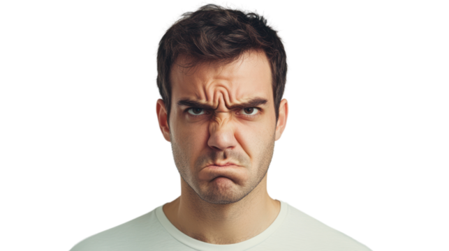 A young man with a frowning expression, conveying frustration or anger, isolated on a white background, capturing a strong emotional response.