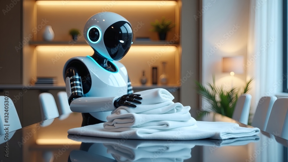 Poster a domestic robot meticulously folding towels on a table, showcasing modern technology and home autom