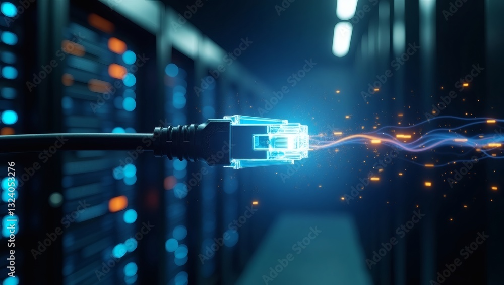 Poster a glowing network cable in a server room, transmitting data through the internet