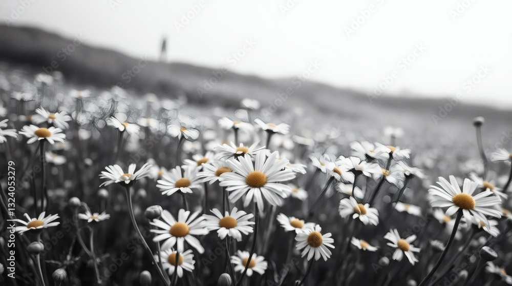 Poster a monochrome field of daisies, with one person walking in the background, creating a serene and intr