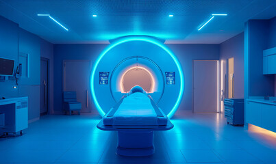 a futuristic medical environment with a patient lying inside a high-tech scanner, bathed in cool blue light. The scene evokes a sense of innovation and healthcare technology. 