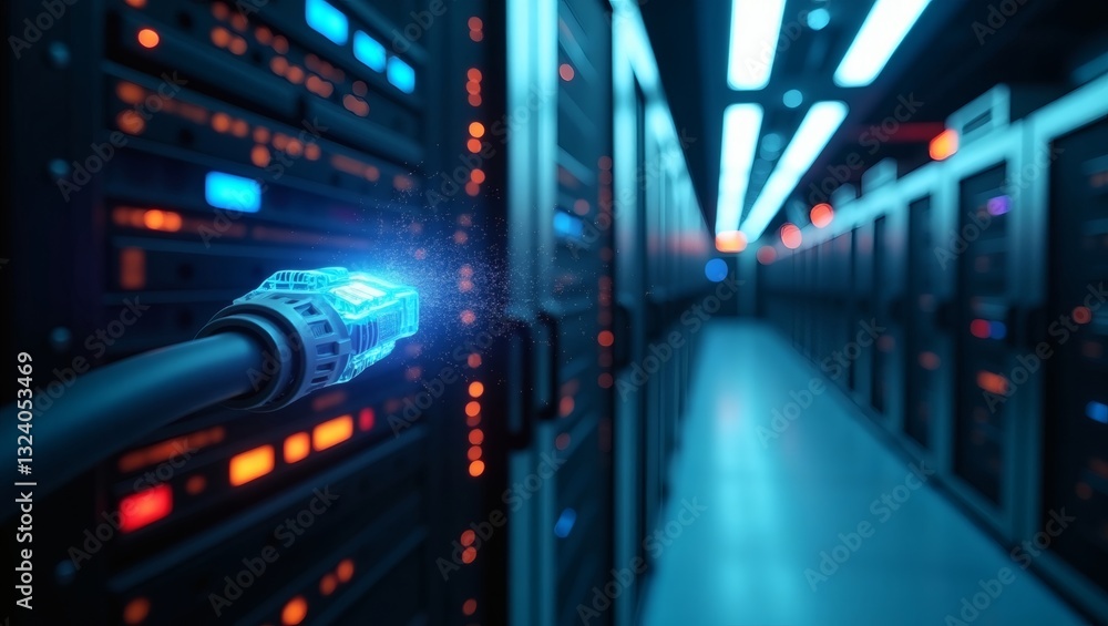 Poster a network cable with an RJ45 connector plugged into a server rack, representing data transfer. The server room is bathed in blue light