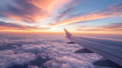 vibrant sunrise seen from airplane window, showcasing hues of orange and pink against fluffy clouds