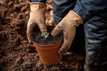 Close-up of hands holding a pot with a young plant and soil, representing the planting tree concept for Environment Day.