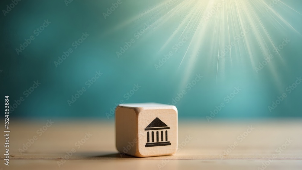 Poster a wooden cube with a bank building symbol and with sunlight
