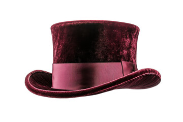 Elegant burgundy velvet top hat resting gracefully against a pure white background isolated on transparent background