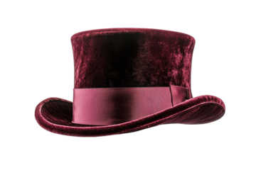 Elegant burgundy velvet top hat resting gracefully against a pure white background isolated on transparent background