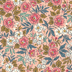 Vintage floral background. Floral pattern with pink and white roses flowers on a light pink background. Seamless pattern for design and fashion prints. Ditsy style. Stock vector illustration.