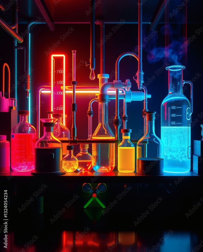 Poster a laboratory with colorful neon lights and glass beakers. the lab features various scientific instru