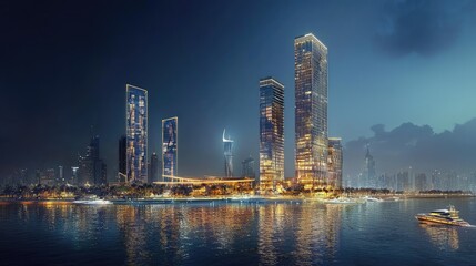 Modern city skyline with illuminated skyscrapers reflects on the water