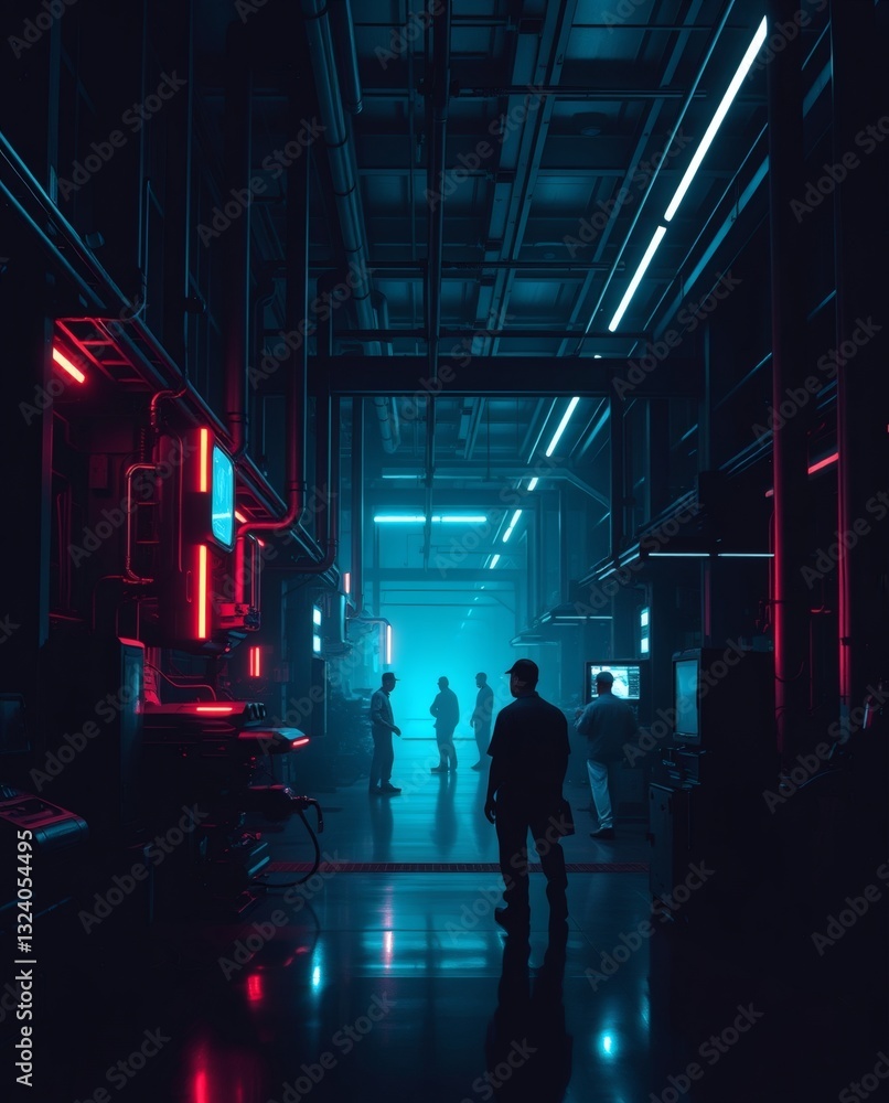 Poster a futuristic corridor scene with a sense of mystery and technological advancements, illuminated by v
