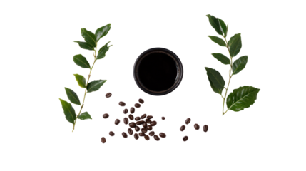 Aesthetic arrangement of coffee beans, leaves, and a cup of coffee against a white background, ideal for beverage-related content.