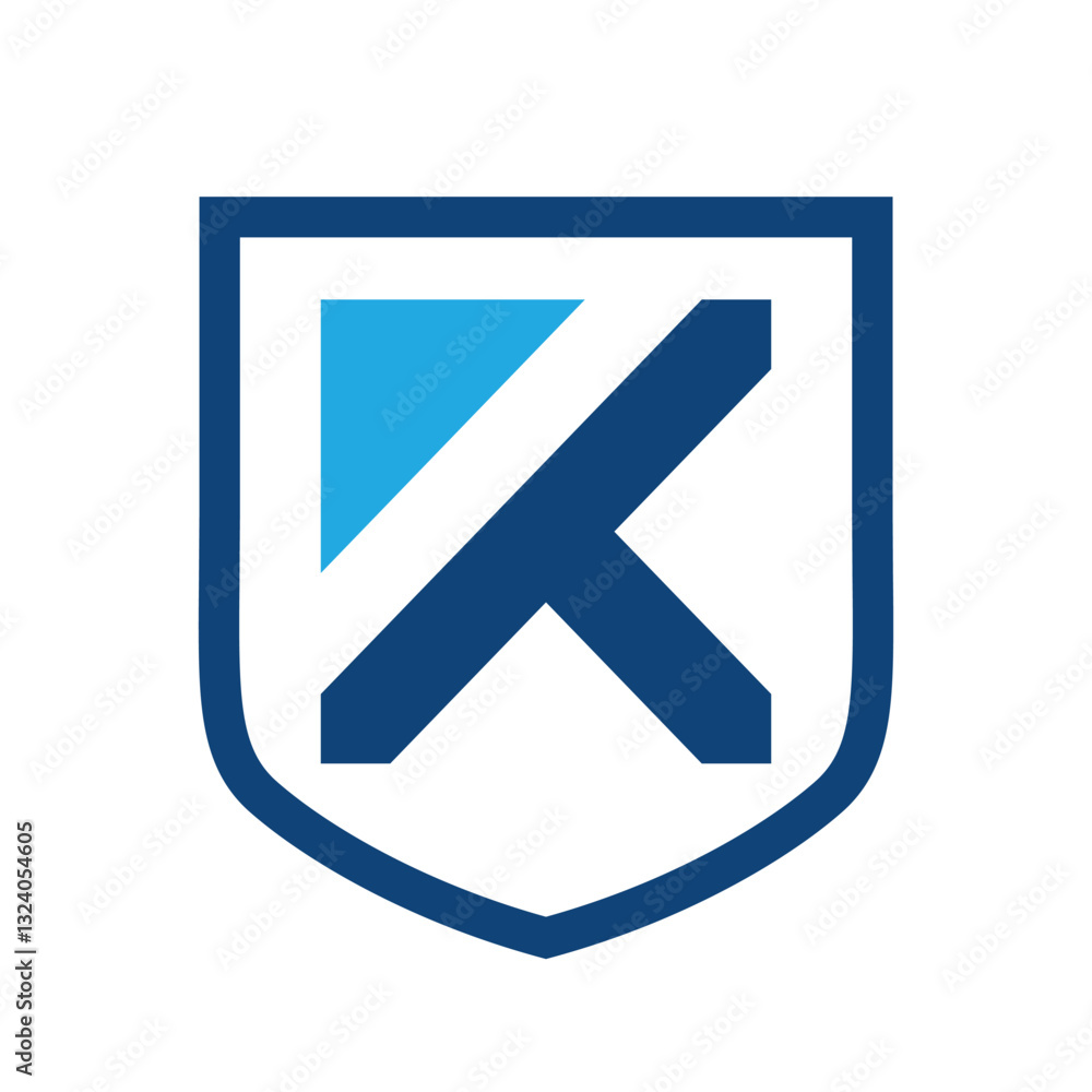 Poster the image shows a flat monogram logo design of an initial letter k inside a shield frame in blue col