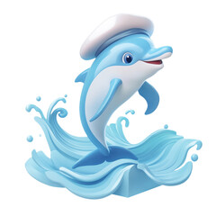 Playful Aquatic Wonder: A Cartoon Dolphin Leaps from the Cresting Waves with Joyful Splash, a Marine Mascot Symbolizing Summer Fun and Aquatic Wildlife in a Cute Illustration