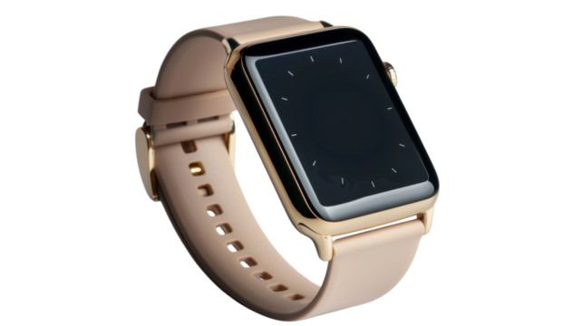 Modern smartwatch with pink strap showing blank screen on transparent background - Powered by Adobe