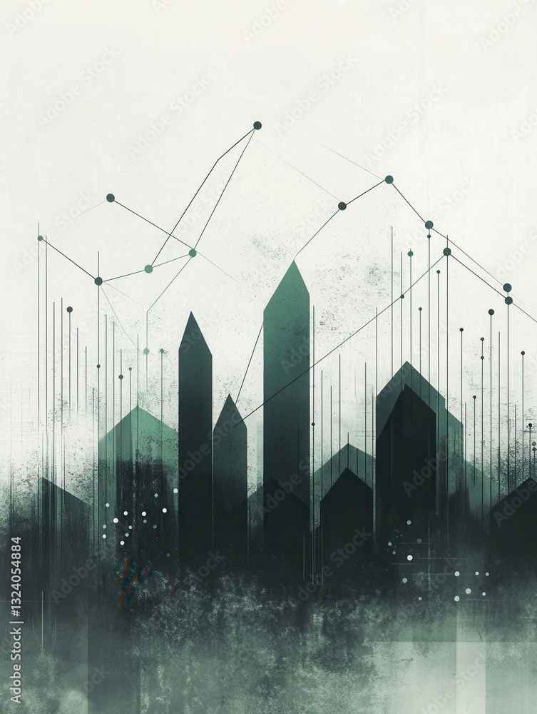 Poster abstract financial charts with minimalist design in green and gray showcasing data trends and analys