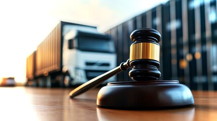 Imposing justice with a gavel and a truck in the background at a legal setting