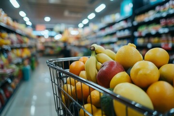 A shopping cart filled with fresh fruits and vegetables in the background of an grocery store, blurred background, close up shot.