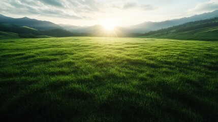 Fototapeta premium A stunning view of dawn breaking over rolling green hills, creating a serene ambiance filled with golden rays that inspire feelings of peace and tranquility.