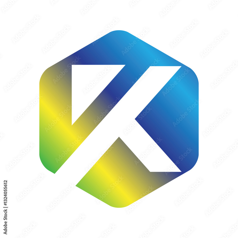 Poster the image shows a flat monogram logo design of an initial letter k inside a hexagonal frame in yello