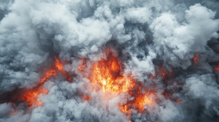 An aerial view capturing a lava-spewing volcano surrounded by thick smoke clouds, symbolizing the intensity of nature and its fierce, unstoppable power.