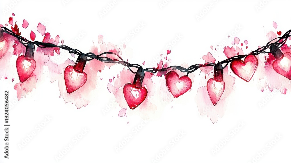 Poster bright and colorful heart-shaped lights on a string with a watercolor background