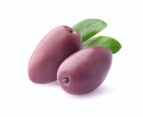 Kalamata olives with leaves on white background