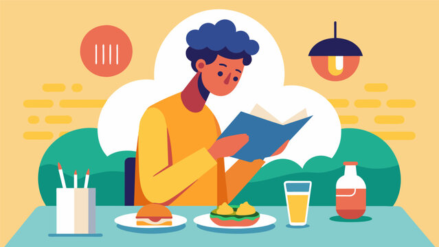 An individual practices mindful eating at a restaurant taking time to read the menu and choose a dish that will truly satisfy them. They savor each bite enjoying the ambiance of. Vector illustration