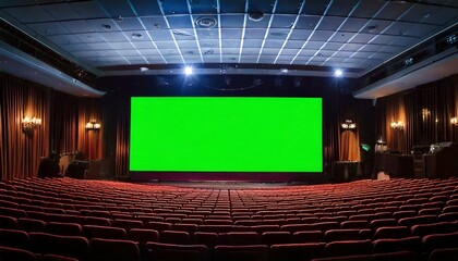 Cinematic Theater Hall with Red Seating and a Wide Green Screen for Film Production
