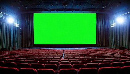 Cinematic Theater Hall with Red Seating and a Wide Green Screen for Film Production
