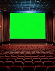 Cinematic Theater Hall with Red Seating and a Wide Green Screen for Film Production
