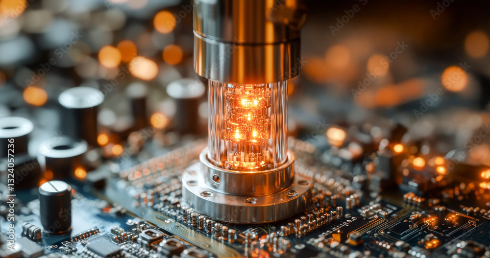 Poster A detailed view of advanced quantum computing technology showcasing a glass tube emitting light, set against a backdrop of complex circuit board components, symbolizing innovation in computing.