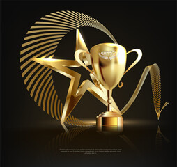 Golden star trophy on an elegant black circular podium with warm light and bokeh. Luxury award ceremony background.