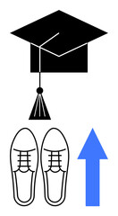 Graduation cap, formal shoes, and upward arrow symbolizing education, achievement, professional success, growth, upward mobility, career opportunities. Ideal for themes thumbs up education career