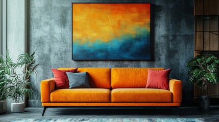 Modern living room with orange sofa and colorful artwork cozy home interior contemporary design bright atmosphere