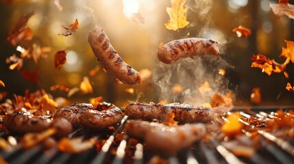 Captured in mid-air, sizzling sausages dance above a grill with autumn leaves gracefully falling around them, depicting the vibrant energy of fall outdoor cooking moments.