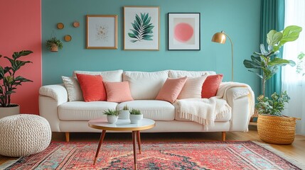 Stylish Living Room with Pastel and Coral Accents