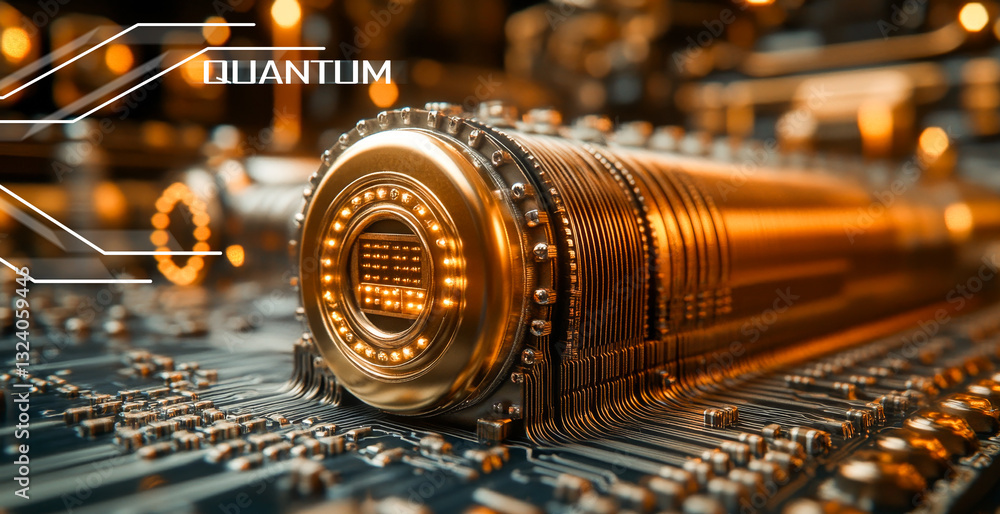 Poster A detailed view of an advanced quantum computing setup featuring a qubit processor on a circuit board. The design highlights the importance of superposition and entanglement in modern algorithms.