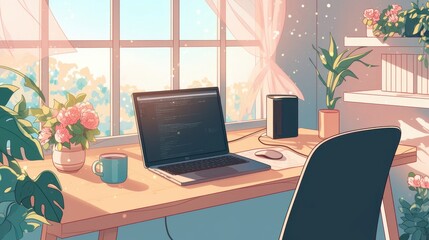 Fototapeta premium Cozy Anime Workspace with Laptop and Plants