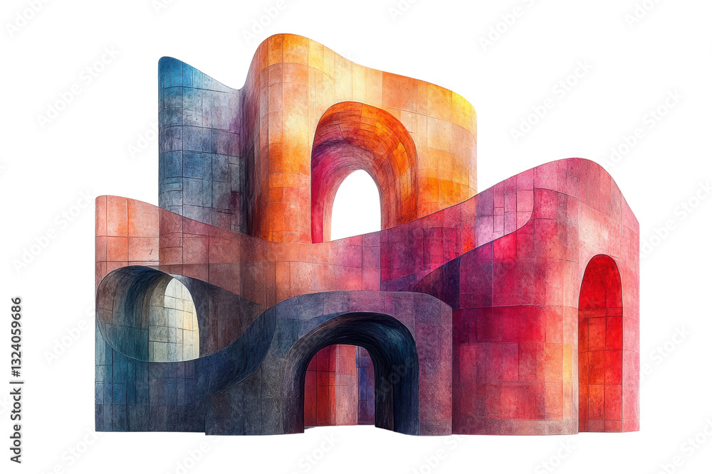 Poster colorful abstract architecture featuring curved forms and vibrant hues, set against a white isolated