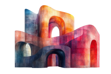 Colorful abstract architecture featuring curved forms and vibrant hues, set against a white isolated background.