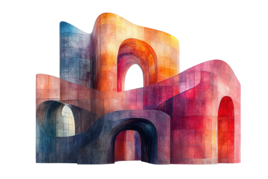 Colorful abstract architecture featuring curved forms and vibrant hues, set against a white isolated background.